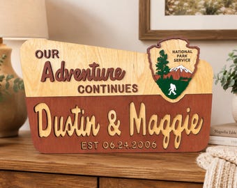 Personalized Wood Anniversary Gift for Couple, Our Adventure Continues Sign, 5 Year Anniversary Gift, Custom National Park Style Home Decor