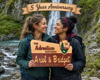 5 Year Anniversary Wood Gift | Personalized National Park Style Sign | The Adventure Continues