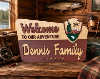 Personalized Fishing Cabin Sign, Rustic Lake House Decor, National Park Style Welcome Sign