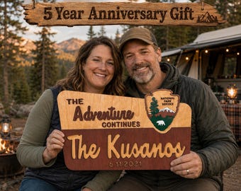 5 Year Anniversary Wood Gift | Personalized National Park Style Sign | The Adventure Continues