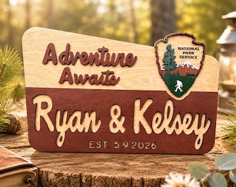 Adventure Awaits Wedding Sign, Personalized National Park Sign: Custom Camp Sign, Family Name Sign