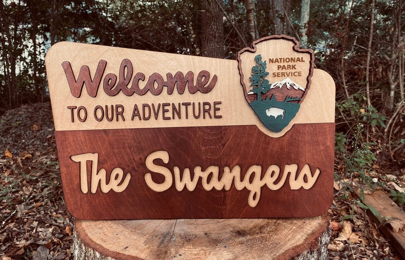 National Park Sign facsimile with layered emblem and customized family name