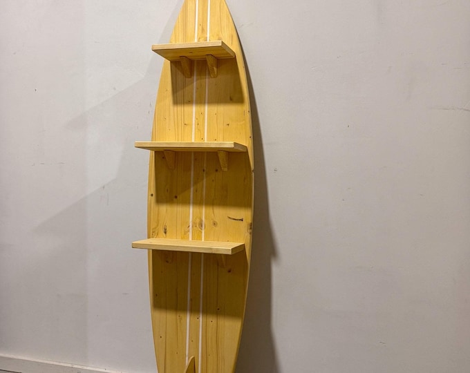 Decorative Surfboard Shelf with Hibiscus Accents in vintage stain