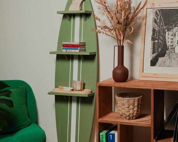 Decorative Surfboard Shelf Wall Art with Three Shelves | Painted in Olive Green