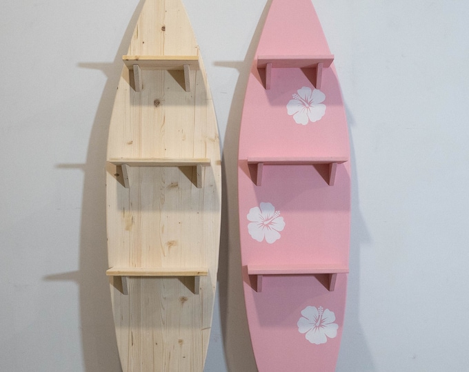 Decorative Surfboard Shelf with Hibiscus Accents in Baby Pink