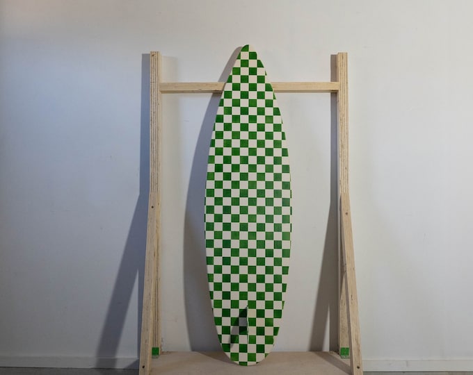 Wooden Vintage Surfboard with Chess-Style Design | Decorative Board Wall art for coastal interior