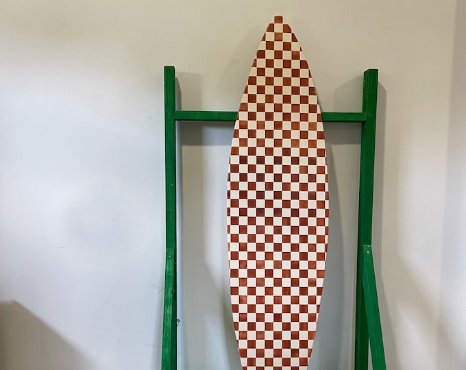 Handcrafted Wooden Surfboard – Vintage Chess-Inspired Design for Coastal Home Decor
