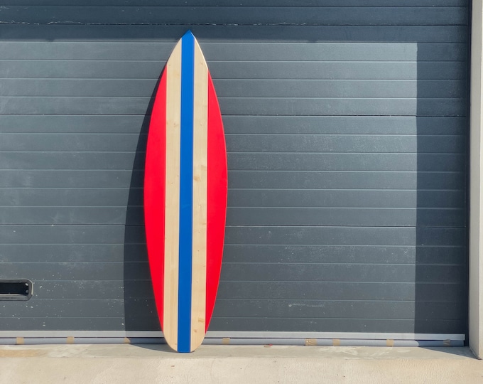 Wooden Vintage Surfboard Wall Decor – Handmade Red & Navy Surf Art for Beach House Coastal Room Wedding Guest Book Nautical Wall Accent Gift
