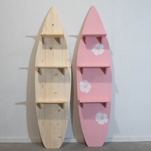 Decorative Surfboard Shelf with Hibiscus Accents in Baby Pink