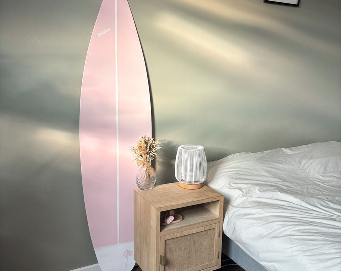 Wooden decorative surfboard in baby Pink and green for coastal room decor boho style