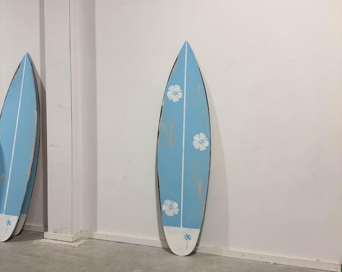 Wooden Surfboard Wall Decor with Hibiscus | Vintage Coastal Beach House Art | Handmade Tropical Surf Room Decoration