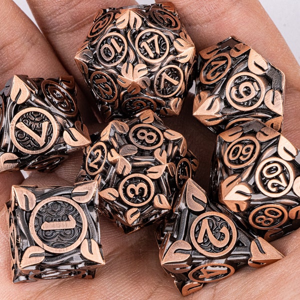 Vintage Red Copper Dice with Leaves Design, Vine Dice for Role Playing Games, DnD Dice Set Metal, Dungeons and Dragons, ttRPG, D&D Gift