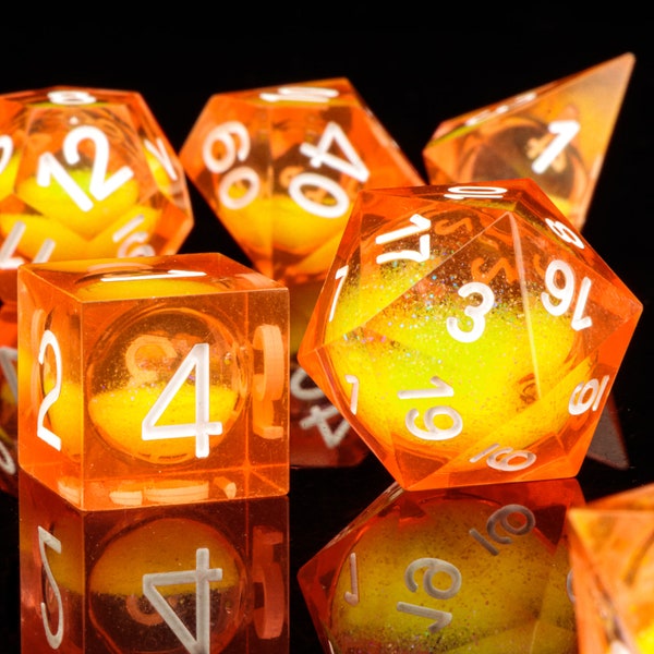 Liquid Dice Set, Orange Dice, DnD Dice Set of 7, RPG Dice, Dungeons and Dragons, MTG Dice, board games dice, liquid d20 d6, dice tray