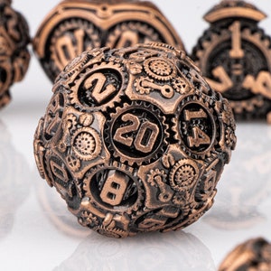 Vintage Steampunk Dice, DnD Dice Set of 7, Red Copper Metal Dice, RPG Dice, Dungeons and Dragons, Gear Dice, Polyhedral Dice, Dice Gift image 1