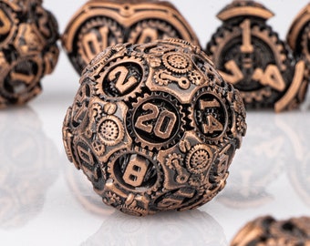 Vintage Steampunk Dice, DnD Dice Set of 7, Red Copper Metal Dice, RPG Dice, Dungeons and Dragons, Gear Dice, Polyhedral Dice, Dice Gift