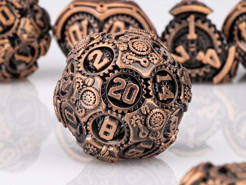 Vintage Steampunk Dice, DnD Dice Set of 7, Red Copper Metal Dice, RPG Dice, Dungeons and Dragons, Gear Dice, Polyhedral Dice, Dice Gift image 1