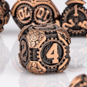 Vintage Steampunk Dice, DnD Dice Set of 7, Red Copper Metal Dice, RPG Dice, Dungeons and Dragons, Gear Dice, Polyhedral Dice, Dice Gift image 2