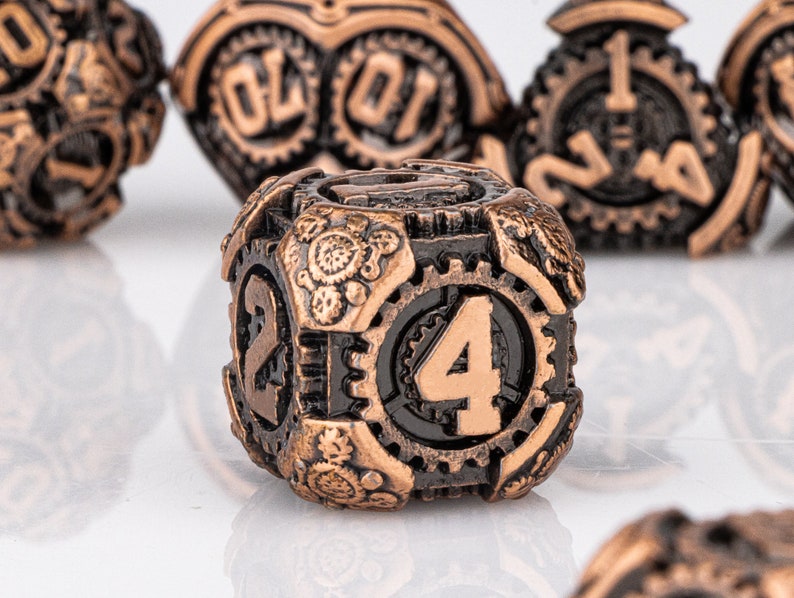 Vintage Steampunk Dice, DnD Dice Set of 7, Red Copper Metal Dice, RPG Dice, Dungeons and Dragons, Gear Dice, Polyhedral Dice, Dice Gift image 2