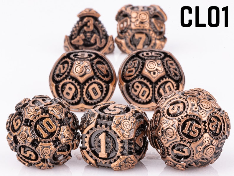 Vintage Steampunk Dice, DnD Dice Set of 7, Red Copper Metal Dice, RPG Dice, Dungeons and Dragons, Gear Dice, Polyhedral Dice, Dice Gift CL01