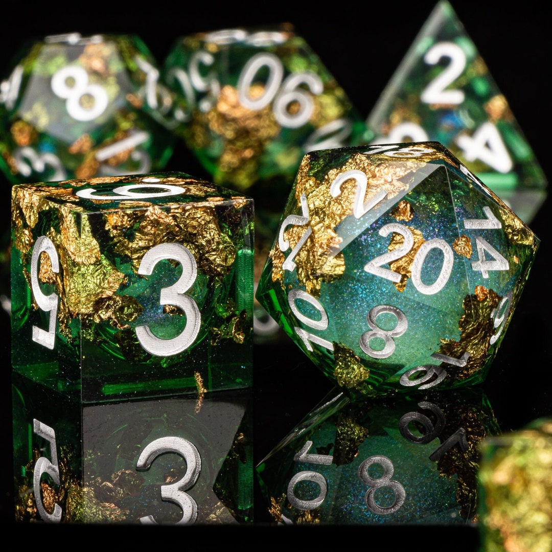 Green Gold Dnd Dice, Liquid Core Dice, RPG Dice, Tabletop, Polyhedral