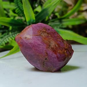 May include: A rough, uncut ruby gemstone. The ruby is a deep, rich pinkish-red color with areas of brown. The stone has a natural, irregular shape and a slightly textured surface. The background features green foliage.