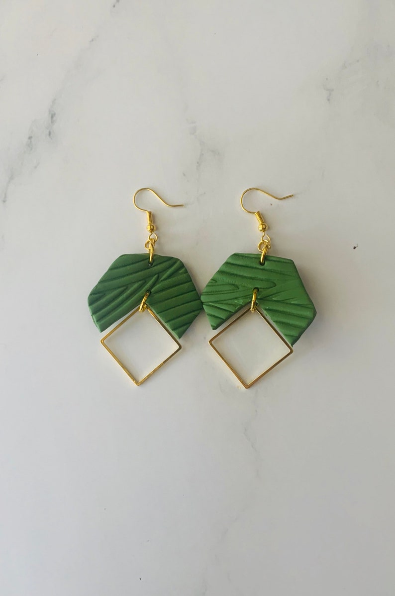 Green Statement Earrings Polymer Clay Earrings Boho Dangle Etsy