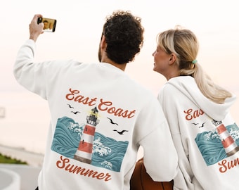 Coastal Vibes Hoodie – East Coast Summer Design with Lighthouse & Waves | Soft Unisex Beach Sweatshirt
