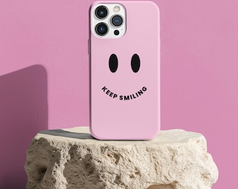 Phone Case, keep smiling pink tough case for iPhone, Google, Samsung - durable, protective, cute, stylish, gifts