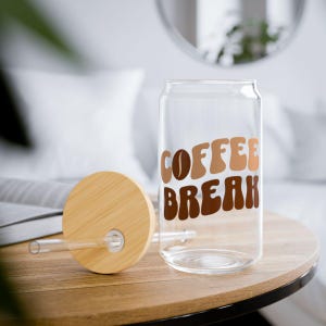 Coffee Break Glass Cup – 16oz Iced Coffee Tumbler with Funny Text | Glass Cup with Bamboo Lid & Straw | Trendy Drinkware for Coffee Lovers