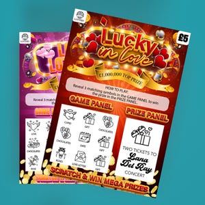 Carte à gratter personnalisée Love Lottery pour révéler un cadeau, gratter et gagner un cadeau de voyage surprise personnalisé, un bon d'anniversaire