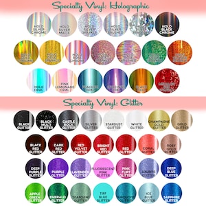 a collection of specialty vinyl glitter colors, including various shades of black, gold, silver, and other glittery hues. The colors are organized in a grid format, with each row representing a different color and each column representing a different type of glitter. The image provides a visual representation of the available glitter colors and their corresponding glitter types, which can be used for decorative purposes or other applications.