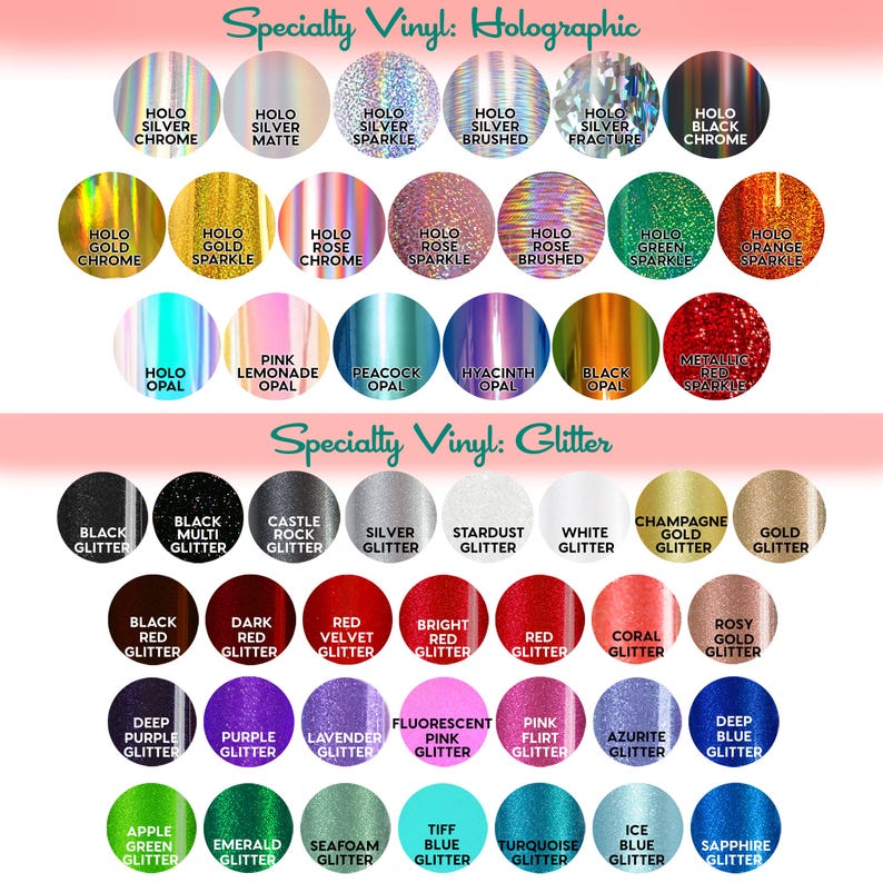 a collection of specialty vinyl glitter colors, including various shades of black, gold, silver, and other glittery hues. The colors are organized in a grid format, with each row representing a different color and each column representing a different type of glitter. The image provides a visual representation of the available glitter colors and their corresponding glitter types, which can be used for decorative purposes or other applications.