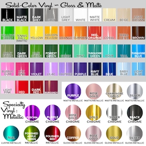 a collection of solid-color vinyl, gloss, and matte colors, along with their corresponding names and descriptions. The colors are organized in a grid format, with each row representing a different color and each column representing a different type of color. The image also includes a speciality section that lists additional color names and descriptions.