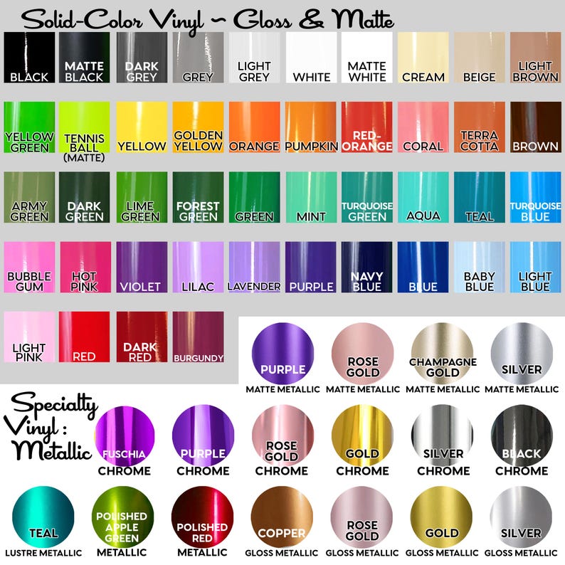 a collection of solid-color vinyl, gloss, and matte colors, along with their corresponding names and descriptions. The colors are organized in a grid format, with each row representing a different color and each column representing a different type of color. The image also includes a speciality section that lists additional color names and descriptions.