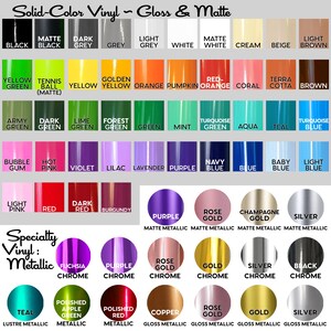 a collection of solid-color vinyl, gloss, and matte colors, along with their corresponding names and descriptions. The colors include black, grey, green, yellow, orange, red, coral, brown, blue, lime, forest green, aqua, teal, champagne gold, silver, black, and teal. The image also includes a speciality section with various colored vinyls, such as purple, gold, black, and teal, as well as a list of metallic colors like gold, silver, and black.
