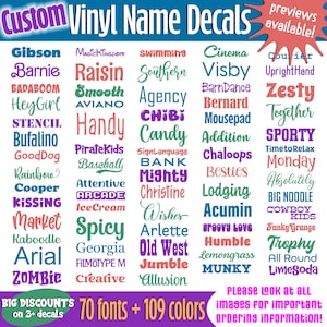 a collection of 70 different custom name decals in various fonts and colors, which can be used for personalizing items such as car decals, phone cases, or stickers.