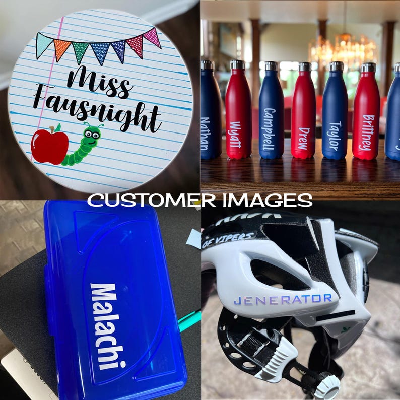 The image is a collage of four different items, including a round plate with a caterpillar, a row of personalized water bottles, a blue container, and a bicycle helmet.