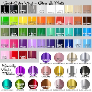 a collection of solid-color vinyl, gloss, and matte colors, along with their corresponding names and descriptions. The colors include black, grey, green, yellow, orange, red, coral, brown, blue, lime, forest green, aqua, teal, champagne gold, silver, black, and teal. The image also includes a speciality section with various colored vinyls, such as purple, gold, black, and teal, as well as a list of metallic colors like gold, silver, and black.