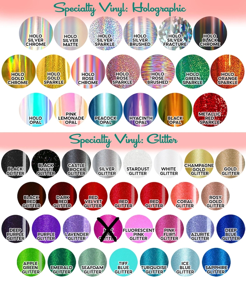 a collection of specialty vinyl glitter colors, including various hues such as black, gold, silver, green, orange, purple, and teal. The colors are arranged in a grid format, with each row representing a different color and each column representing a different type of glitter. The image does not contain any text, and the descriptions provided are concise and avoid redundancy.