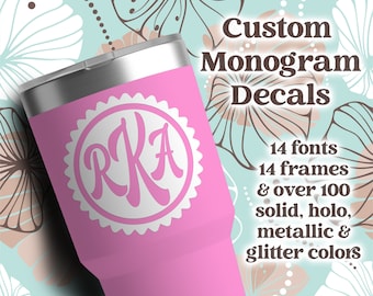 Personalized Monogram Decals - solid-color, holo, glitter, chrome or metallic vinyl decal, water bottle sticker, car decal, decals for phone
