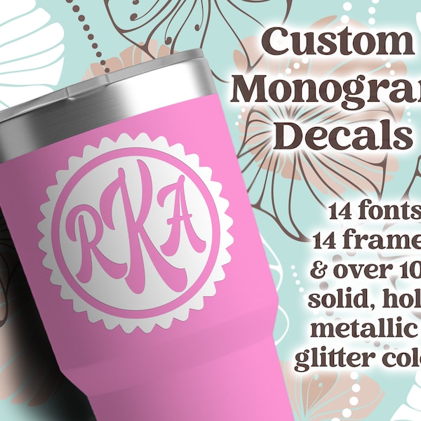 Personalized Monogram Decals - solid-color, holo, glitter, chrome or metallic vinyl decal, water bottle sticker, car decal, decals for phone