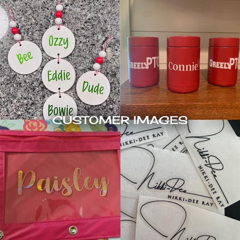 The image is a collage of four different items, including name tags, red cups, a pink pouch, and a stack of papers with signatures.