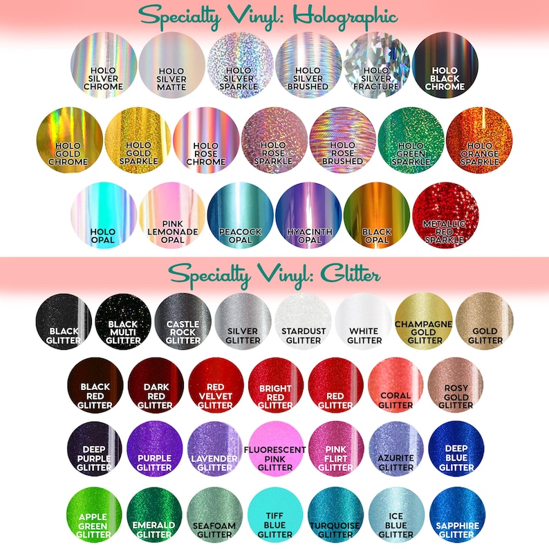 a collection of specialty vinyl glitter colors, including various shades of black, gold, silver, and other glittery hues. The colors are organized in a grid format, with each row representing a different color and each column representing a different type of glitter. The image provides a visual representation of the available glitter colors and their corresponding glitter types, which can be used for decorative purposes or other applications.