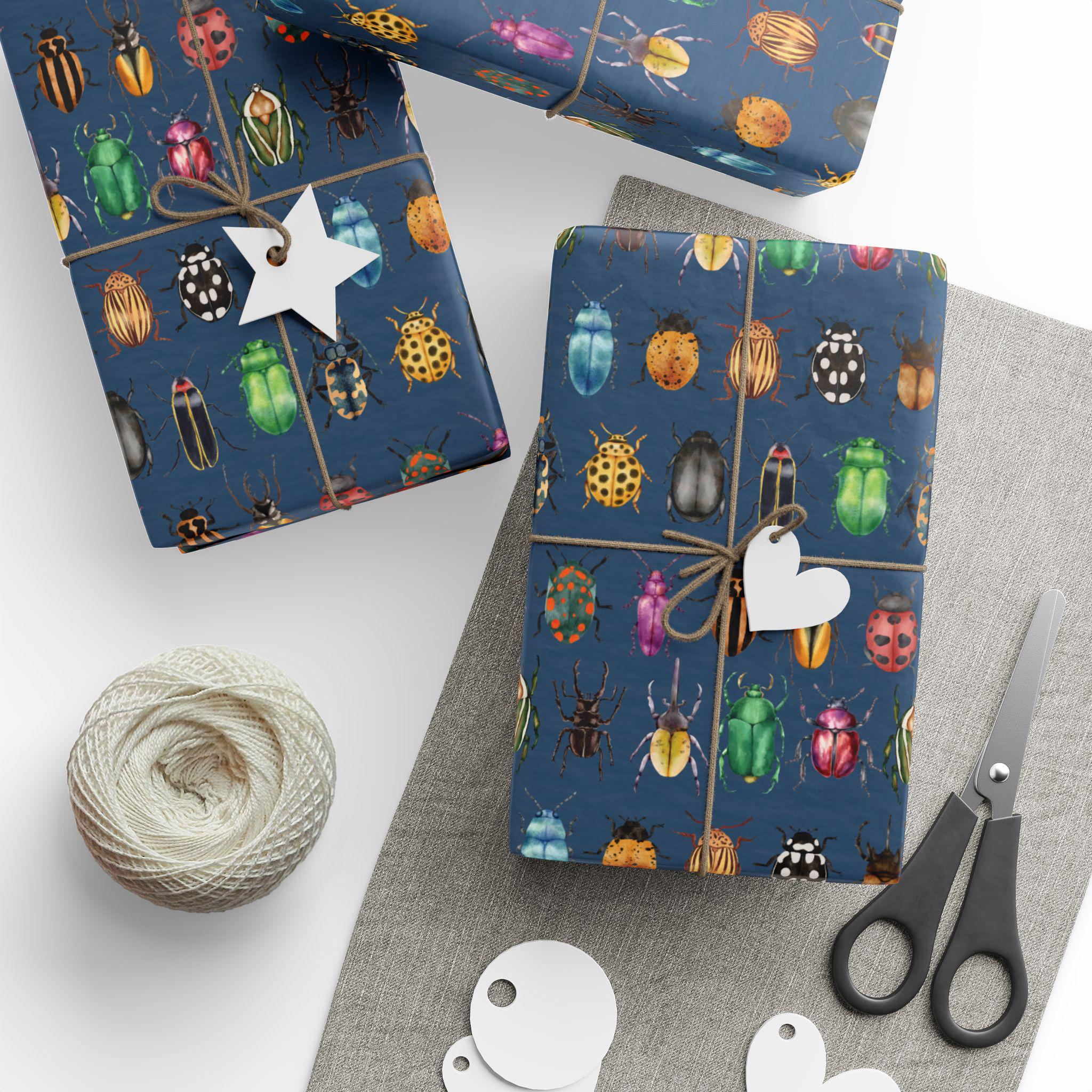 Watercolor Beetle Pattern Wrapping Paper Blue | Insect Illustration ...