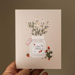 Greeting card with illustration of chamomile daisy flowers in a strawberry jam jar