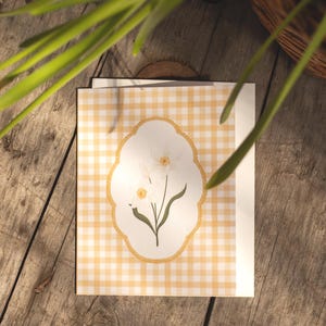 Greeting card with illustration of daffodils narcissus vintage gingham yellow gingham