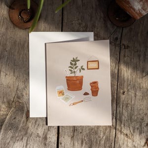Greeting card with illustration of terracotta pots, herbs and gardening tools
