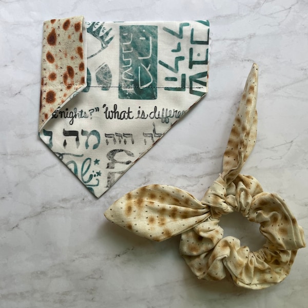Passover Matzah Pesach over the collar dog bandana, matching Bandana and scrunchy, scrunchy set