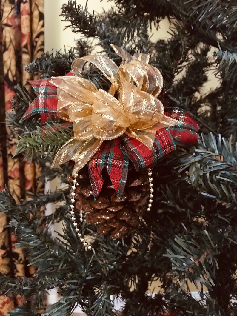Plaid Pine Cone Christmas Ornament Glittery Pine Cone Gold Ornament Unique Christmas Ornament Red Green Ornament Home made Ornament