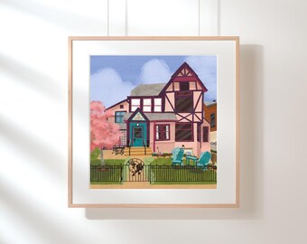 Pink Cottage Whimsical Wall Art - Digital Download - Print and Frame From Home for Your Nursery, Kids Room, or Living Room